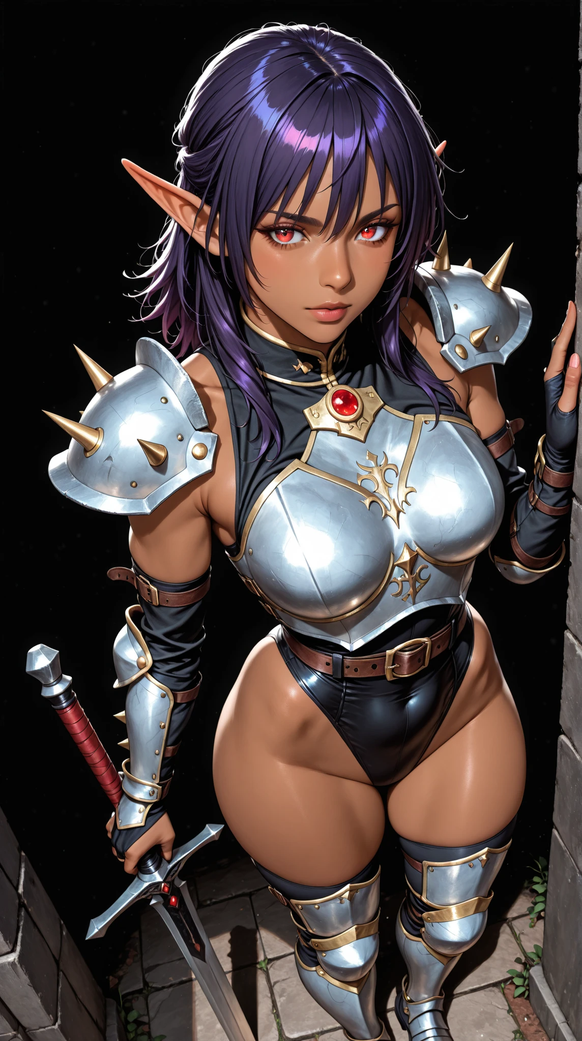 1girl, solo, female, standing, (((short hair))), black hair, bright brown eyes, detailed eyes, big breasts, muscular, silver armor, knight, dark skin, cleavage, thighs, smiling, facing viewer, glossy lips, lipstick