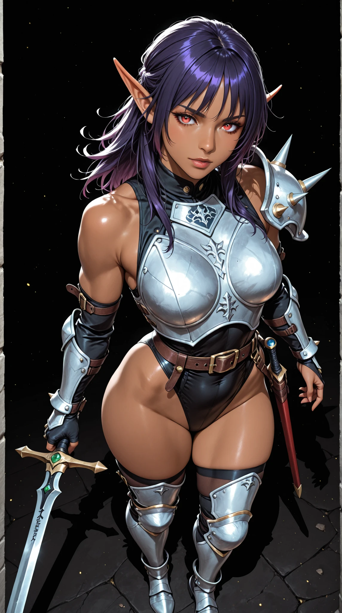 (Concept Art) of an (African-American) female, with dark (black dreadlocks), purple eyes, dark (brown skin), (pointed ears), (slutty assassin), (sexy) black armor, (lust) demon, (Sci-fi) fantasy, (medium shot), perfect composition, hyper-detailed, 8K, high quality, (perfect eyes), trending art, sharp focus, studio photo, intricate details, (Pin-up) pose