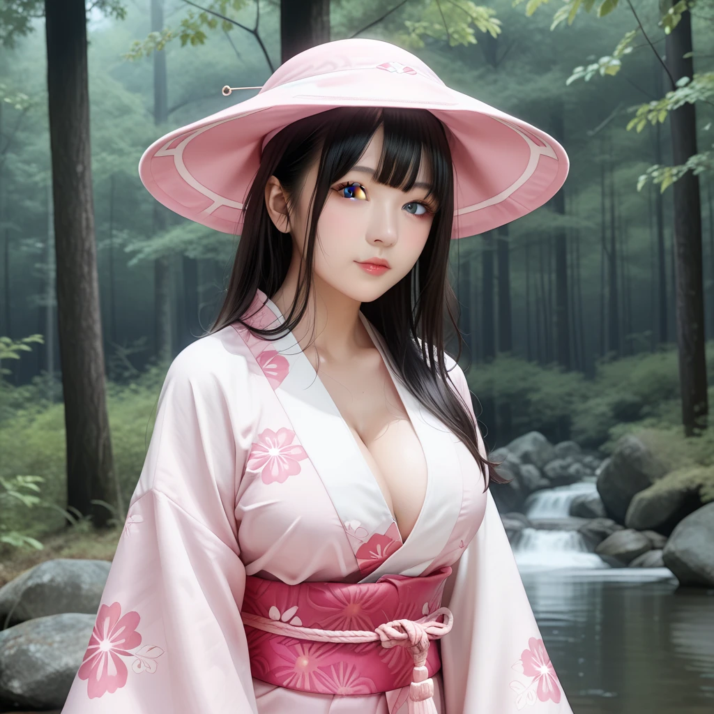 The upper part of the body、女の子1人、A dark-haired、Bun hair、mansion、Purple Eye、Gorgeous lace kimono、off shoulders、Very large breasts、Chest、Holding a parasol、Japan anime-style odd-eye, rain falling