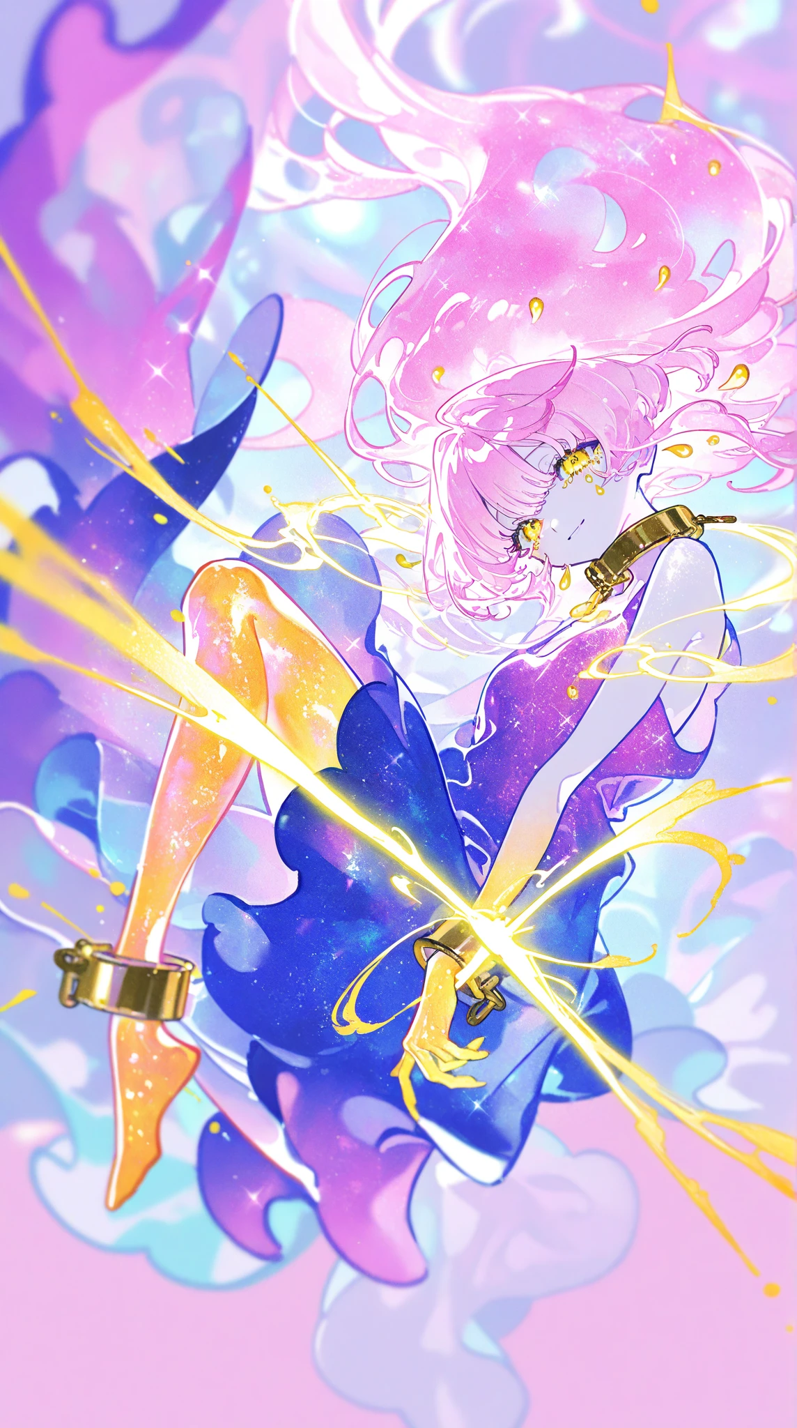 (Perfect body),Best Quality,(8K Portrait),(Official art)、NSFW、(((((Lori)))))、((((Wavy mouth))))、:o、(((blush))),(((((flat chest)))))、small tits、((Big ass))、((Pink hair),((Short hair))、waved hair、(Orange Eyes)、((((thick thighs))))、(((((White bodysuit)))))、(((pink ruffle skirt)))、(Armpits)、(((((Short stature)))))、(((Jumping)))、(((Light blue striped panties)))、Cowboy Shot、cosmic space