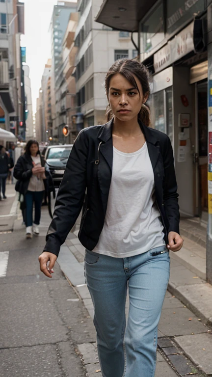 Wet female journalist in white shirt and dark blue jeans on live TV set 