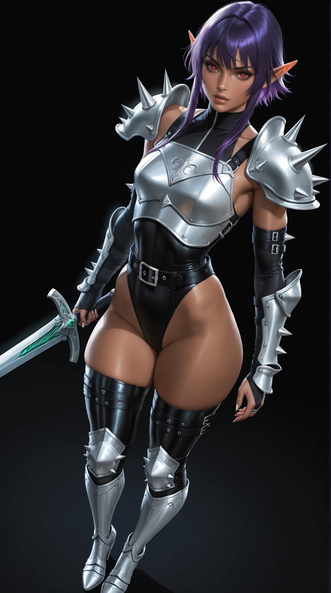 (high resolution, pixel perfect, gorgeous illustrations), (hyper quality, muste piece, etheric: 1.4), ((nsfw)), face focus, ((1girl)), (((Androgynous, boyish))), ((())), (((((punk))))), hot Rocker punk girl, ((((hand on hip, open stance)))), cool atmosphere, black hair, ((((very_short_hair, slicked_back_hair)))), ((((piercing)))), eyelid_piercing, nose_piercing, (((Exquisite face, aroused))), blush, tattoo, ((((muscular_female)))), (ideal ratio body proportions, slender, small breasts), fighter, ((full armor)), (((highleg_leotard_armor))), (((cameltoe))), sweat, shiny skin, gleaming skin, simple background,
