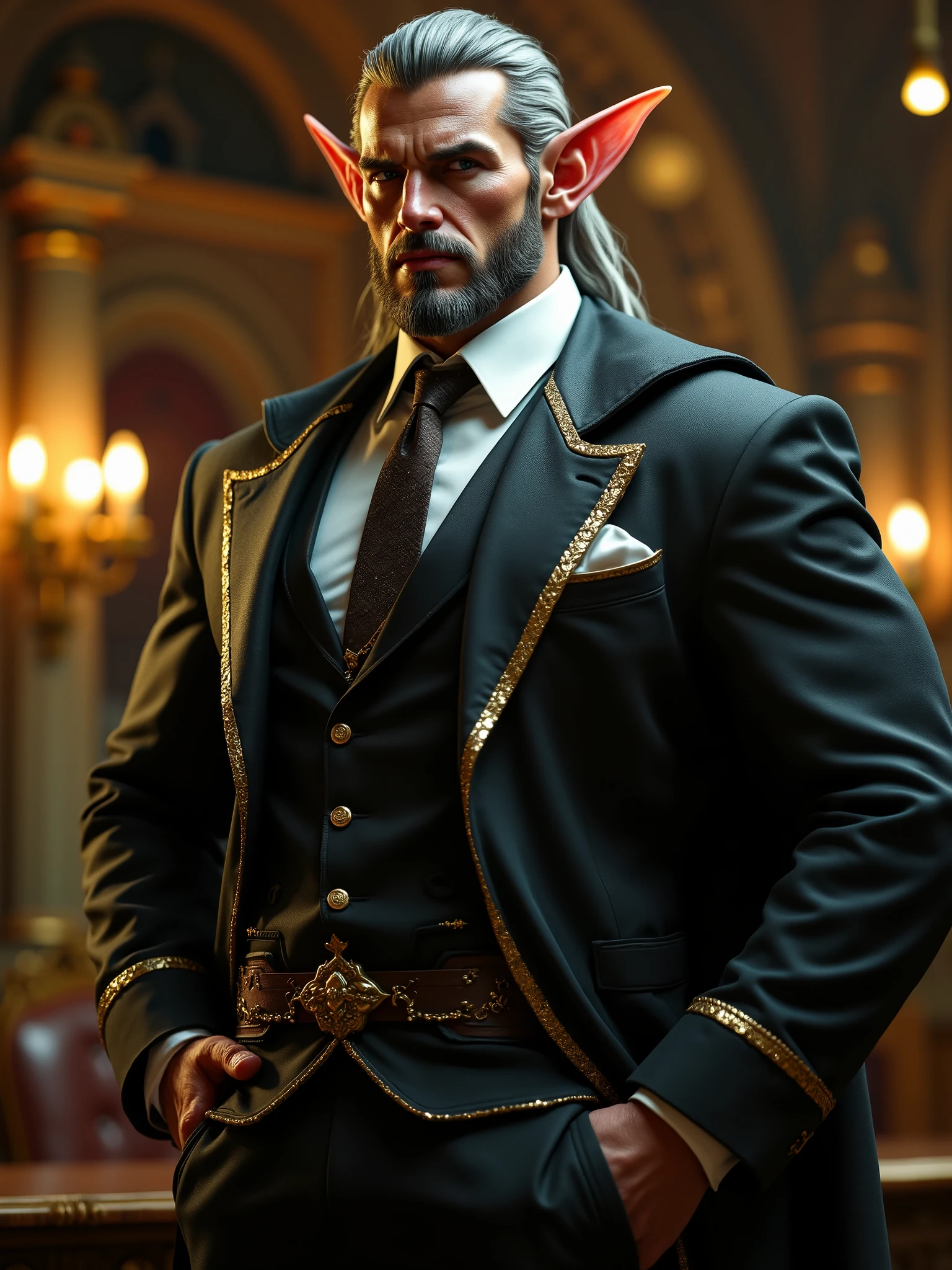 ((FULL BODY)), powerful noble elf dressed in a suit and with a gold chain, muscular elf in a suit with a square and handsome face, light blue eyes and a confident face, rich male elf man from the Middle Ages, noble bourgeois, meeting room in the background, 4k, Unreal engine, intricate, highly detailed, beautiful lighting, advanced quality, 8k, trending artstation, professional, dramatic, illustration, high quality, beautiful character, Premium portrait, F/22, symmetrical and dynamic poses, RPG, masterwork, advanced quality , beautiful lighting.