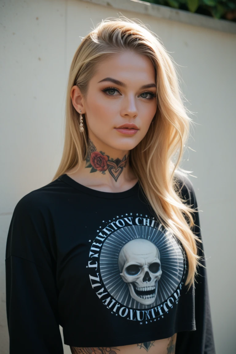 sexy secretary, ((innocent face)), erotic pose joining the breasts with the elbows, T-shirt with neckline, Many tattoos