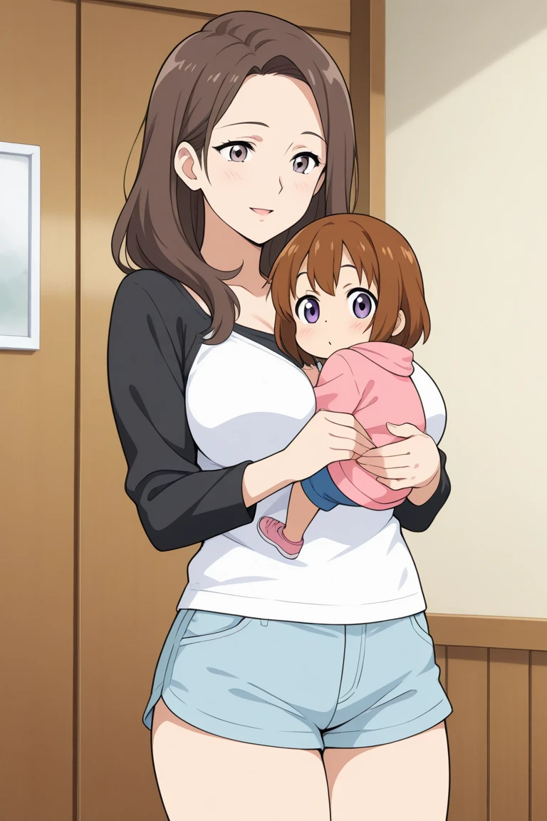anime colored,koumi haruka rw,brown eyes, brown hair, long hair,sweater,apron,gigantic breasts,(Holding a baby:1.5),Smile,((house wife)),baby