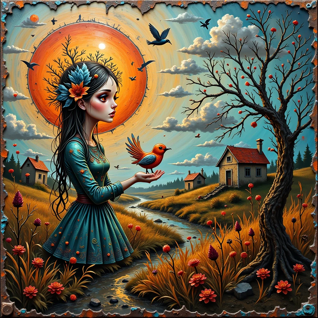 Stains of ink and bleach mixed with messy oil brushstrokes draw by hand, on rusted iron and rags, an extravagant patchwork collage-style dreamlike scene. An orange and turquoise sun rises behind the stylized figure of a woman, with large, soft brown eyes. holds in her hands a small paper bird with light metal feathers . They stand under a sky with thin and intricate clouds, houses, tree, grass and ochre and red marsh reeds, refined charcoal drawing of abstract expressionism.