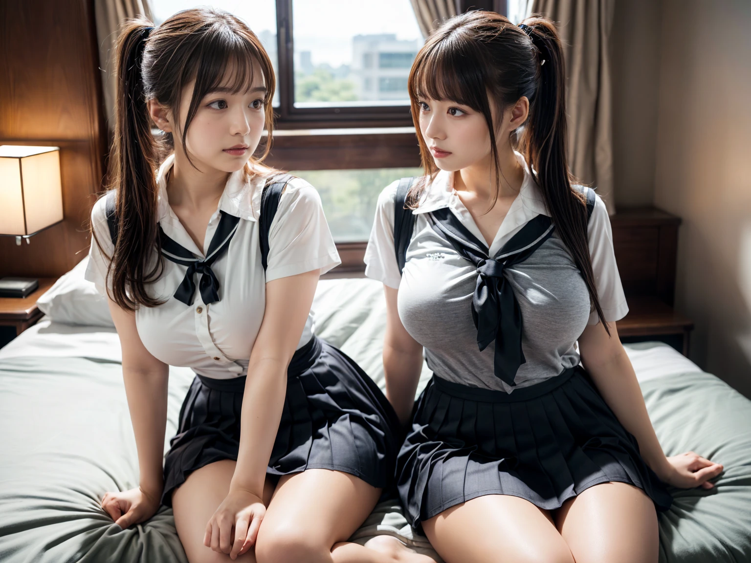 white japanese woman,(((2 girls))),((Beautiful face)),(strangled up:1.33),(feet off the floor:1.22),(The woman on the right is taller..:1.5),(The woman on the right has large breasts. :1.37),(Black School Uniform:1.4),The background is a brown door..