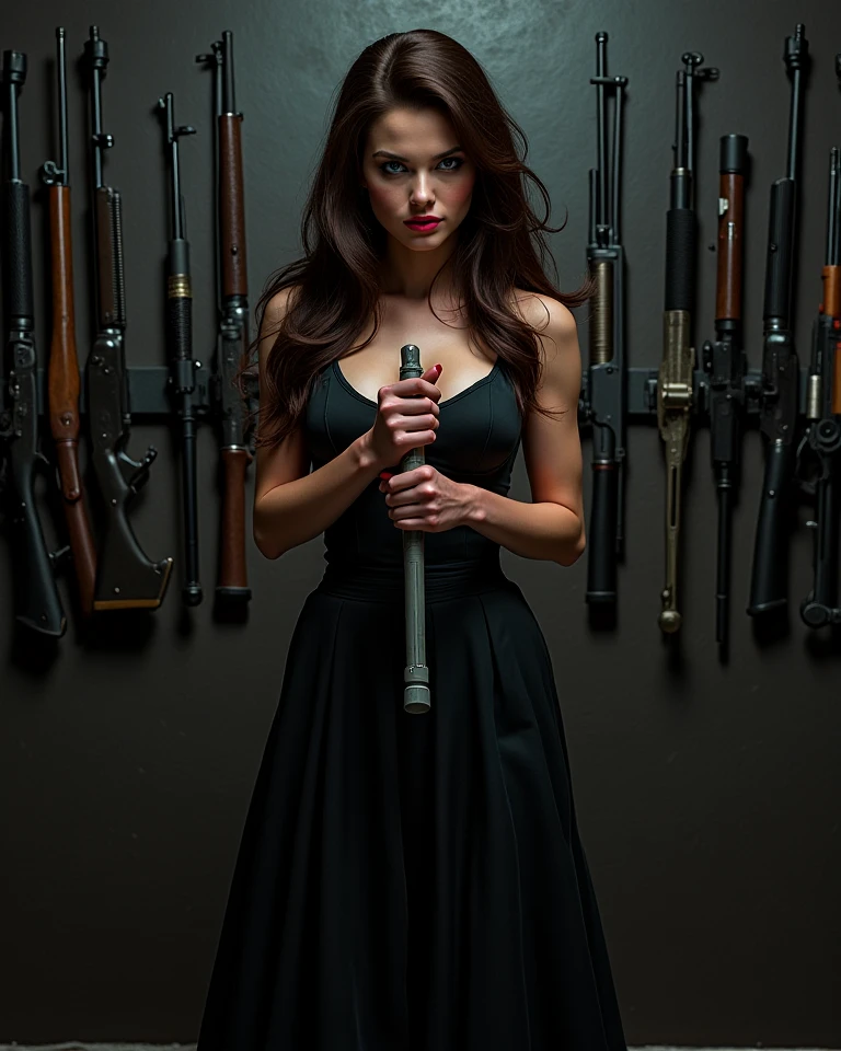 sexy stalker holds a knife and an anomaly detector in her hand in black fingerless gloves with silver long nails