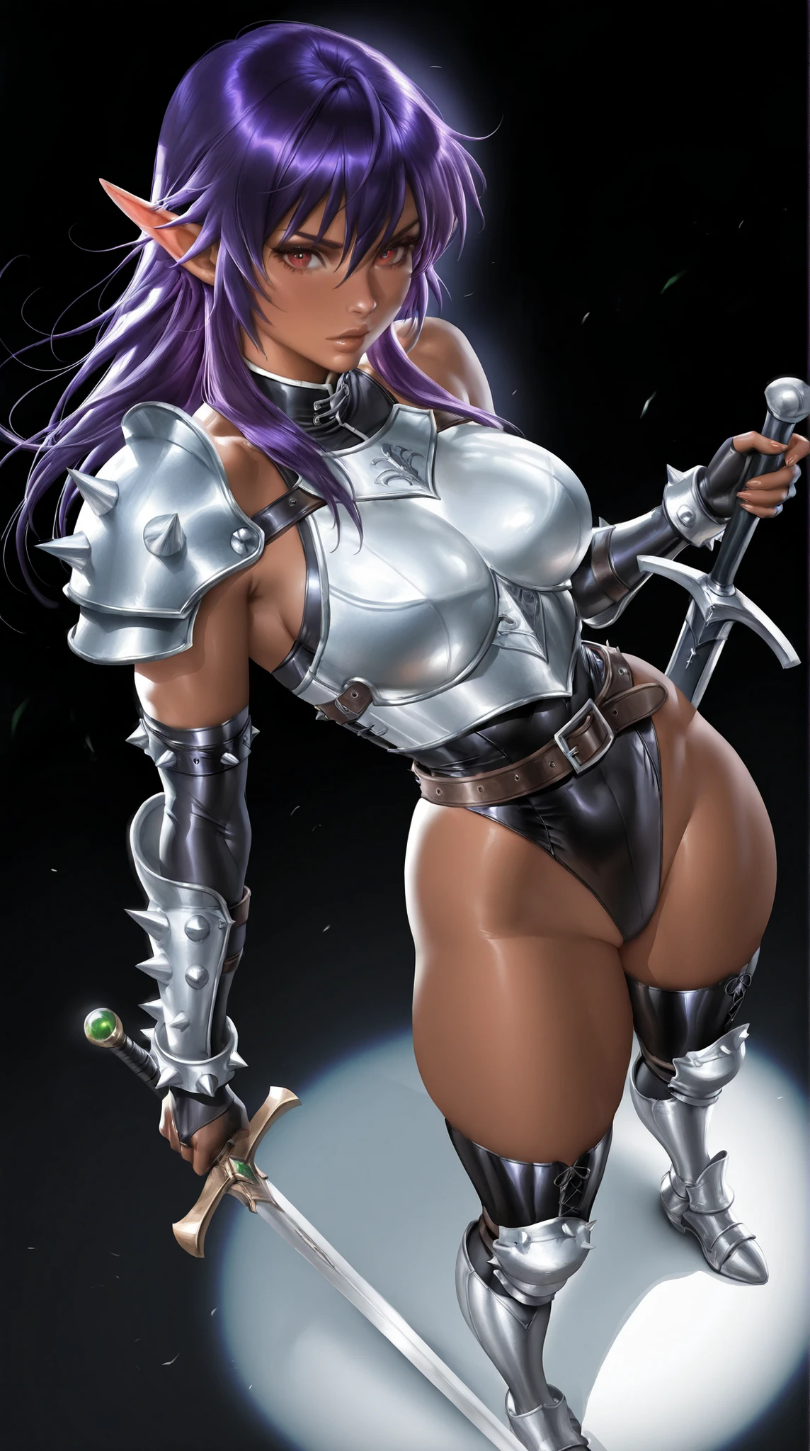 .21 years old woman , long and smooth purple tone hair, bright and expressive black eyes, she opted for a mercenary outfit. Booty, busty. Comic style. Marvel comics