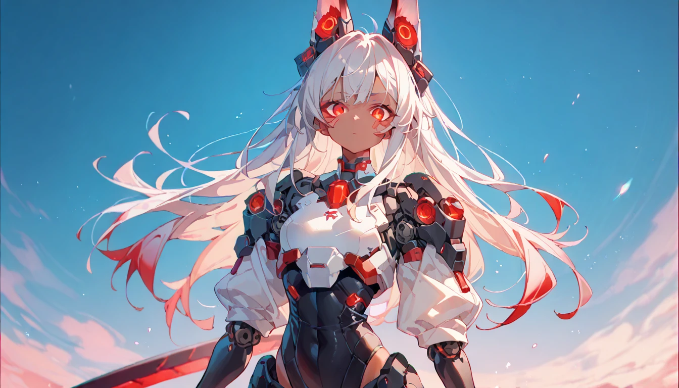 (Fox Girl, Fox Ears, Silver Hair, Fox Makeup, One Girl, Long Hair, Alone on the screen, dark skin, High definition, high resolution:1.6), (mecha musume, Machinery Parts,Robot Joints, White and red clothes, face以outside全身機械スーツ:1.8), (Body measurements are 75-60-75!, Young girl body, Small breasts, Proudly, Standing posture, slender, muscle:1.9), Avatar, face, 色っぽいface, Dominant representation, naughty face, Uplifting, Skin Texture, outside, ruins, Ruined City, Broken Building, There are no people