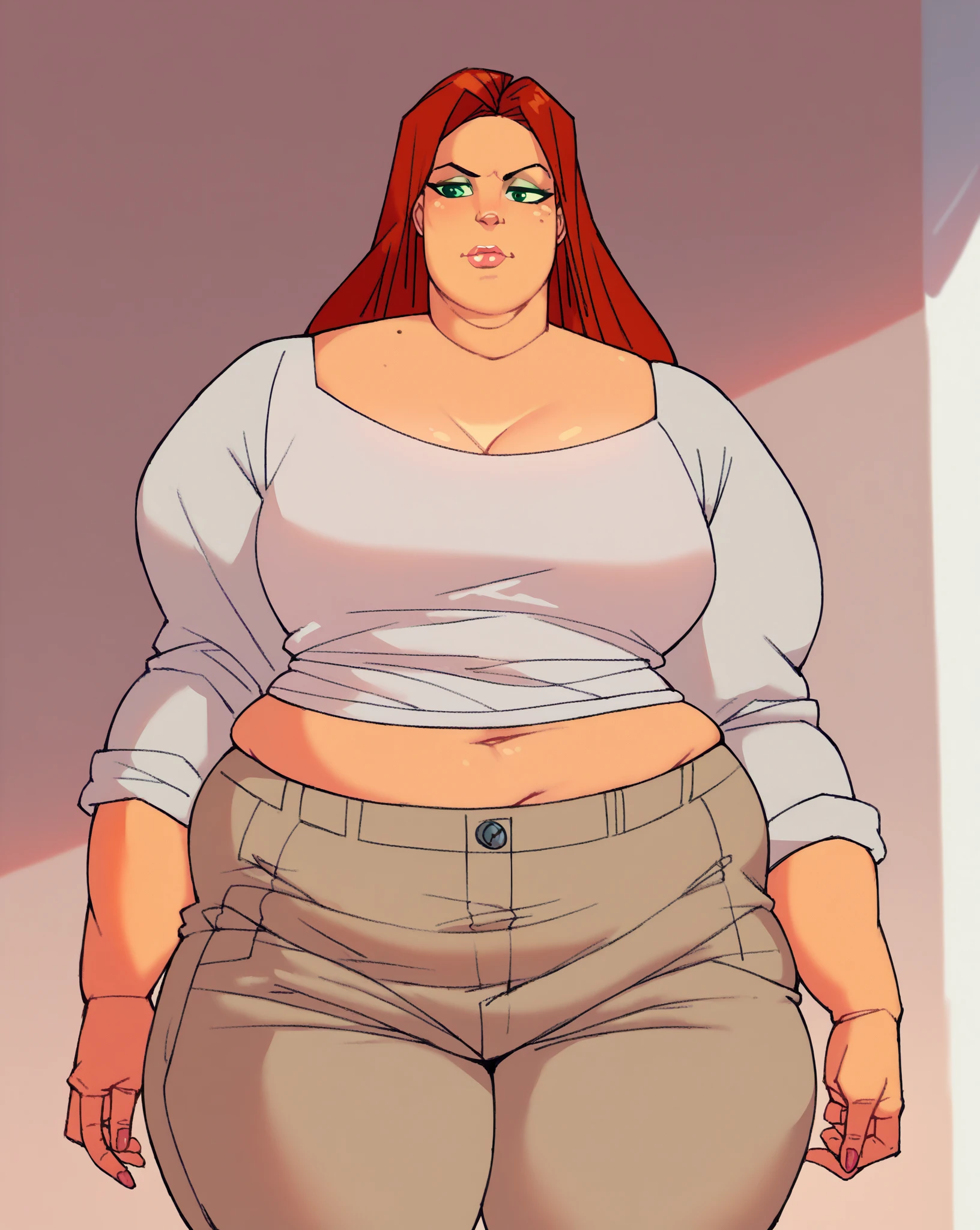 masterpiece, ((ultra detailed background, delicate pattern, intricate detail)), (highly detailed, fine details), best quality, beautiful lighting, (medium breasts), (cowboy shot), BaccaratV2, 1girl, solo, long hair, jewelry, red hair, earrings, necklace, green eyes, tattoo, ((white T-shirt, simple T-shirt, jeans)), complex detailed background, casino environment, fancy interior environment, rich interior, cowboy shot, ((big belly, massive belly, chubby, giant belly)), shocked, open mouth, (hands behind head:1.4), (solo:1.5)