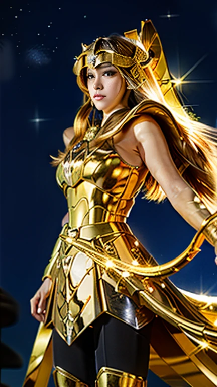 As it is,((8k, masterpiece, RAW Photos, Highest quality, Realistic, 8kを融合した高精細CG)),Attractive Russian Model、, Full Body Shot、Nata Lee, Light blonde hair, （Close-up of a woman in golden armor, 美しい模様のGold Armor, Sailor Galaxia, God Emperor of Mankind, 黄Gold Armor, Saint Seiya, Gold Paladin, Light Gold Armor, goddess, Gold Armorを着て, Wearing golden armor, Gold Armor, Wearing golden armor）, The goddesss of gold, charisma, Full-body model standing composition，The whole body shines like a diamond，Draw a gold bow