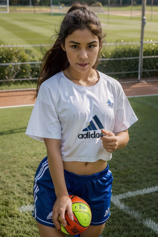 gorgeous young latina woman, playing soccer, wearing a legging and long socks, full body, beautiful face, masterpiece, best quality, ultra-detailed, solo, shadows, contrast, cinematic light, side lighting, ultra high resol ution, best shadow, RAW, 4k, 85 mm, poca profundidad de campo, Kodak Vision Color, extremadamente detall ado, Cinematographer_\(ultra\), photoreallistic, Realstic, Postproceso, Maximum detalls, aspereza, vida real, ul tra realista, fotorrealismo, Cinematographer, 8k UHD, Cinematographer