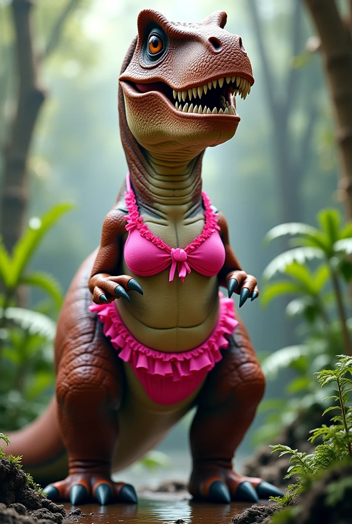 A cave woman (fur bikini) has her pet pink velociraptor on a leash and is taking it for a walk in the park. Many other cave people are there with their dino pets (various colors and types) (safe for work)