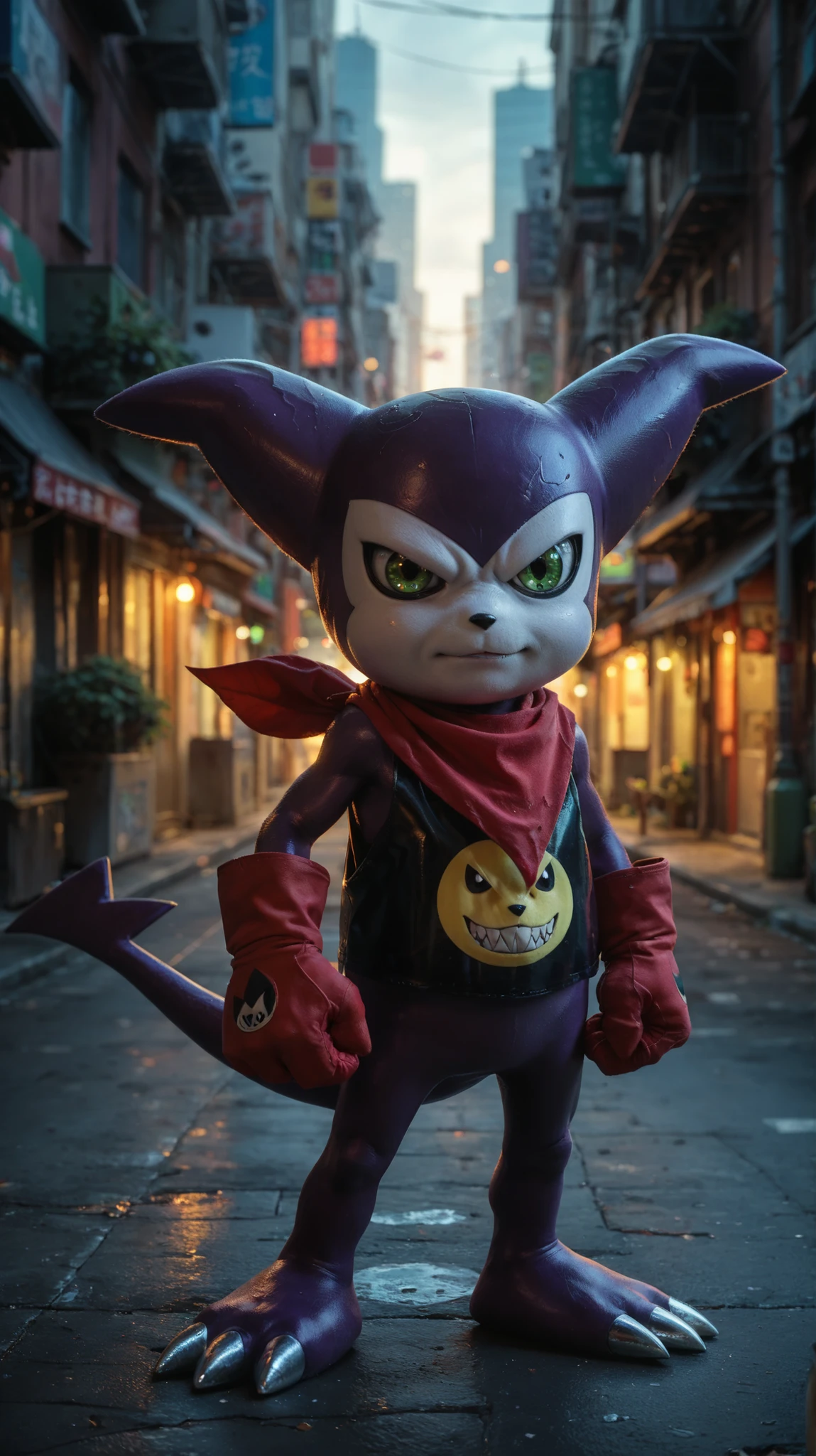 digimon (creature), solo, purple skin, green eyes, red bandana, red gloves, tail , city as background 