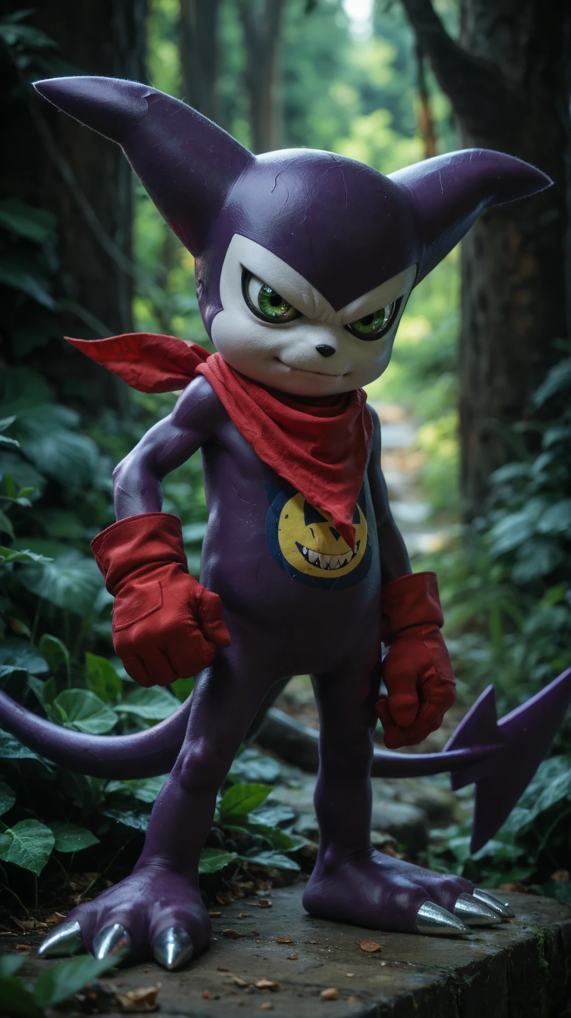 digimon (creature), solo, purple skin, green eyes, red bandana, red gloves, tail