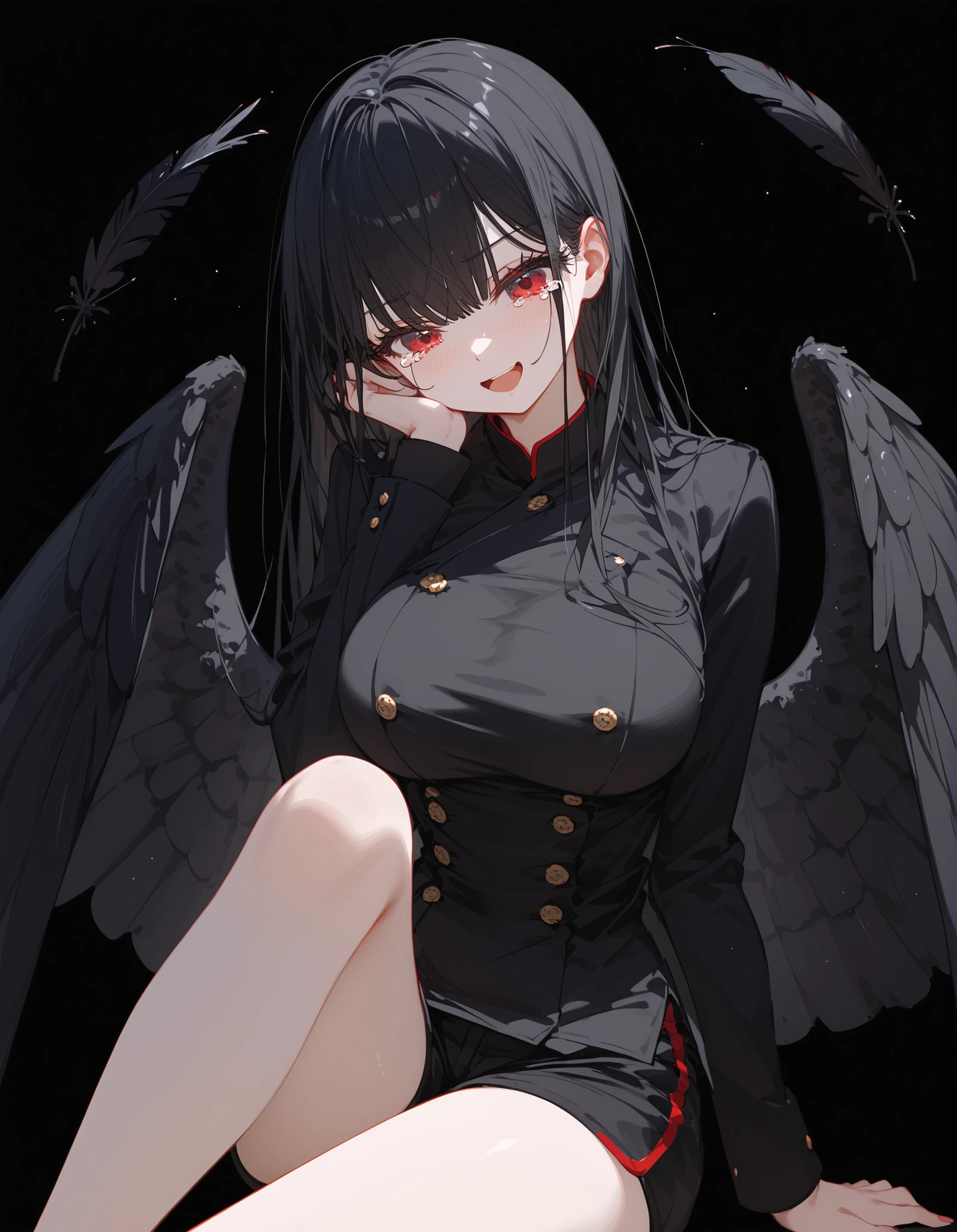 girl,long hair, Black hair,in red eyes,ผมสีดำ,black shirt,White skin,smile,Big eyes,Black suit,Long Sleeve Dress ,big breasts,Long Eyelashes,Southern Mole,Black yukata coat,shortsสีดำ,slim,Bored face,cute,sit,shorts,thigh,sitบนเตียง,Open your mouth,The black feather ,black background,with black wings on the back,Tears,afraid,Open your mouth,slim,smile,