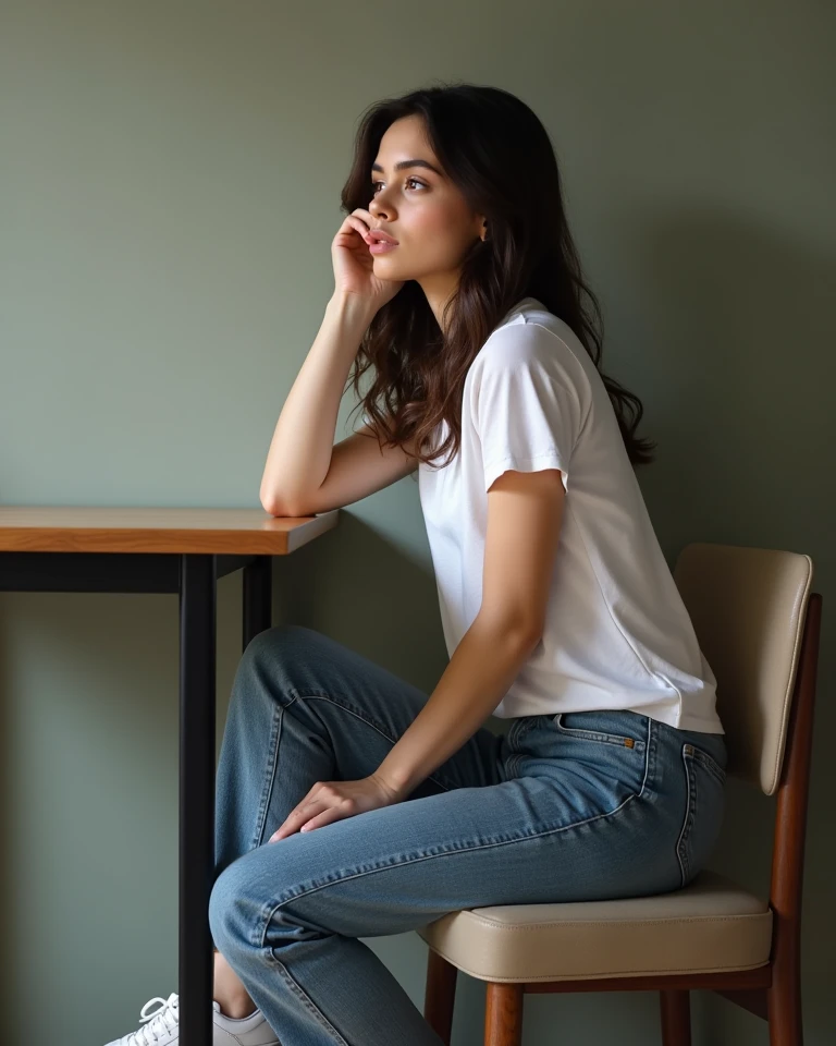 Elenna con jeans y camisa blanca