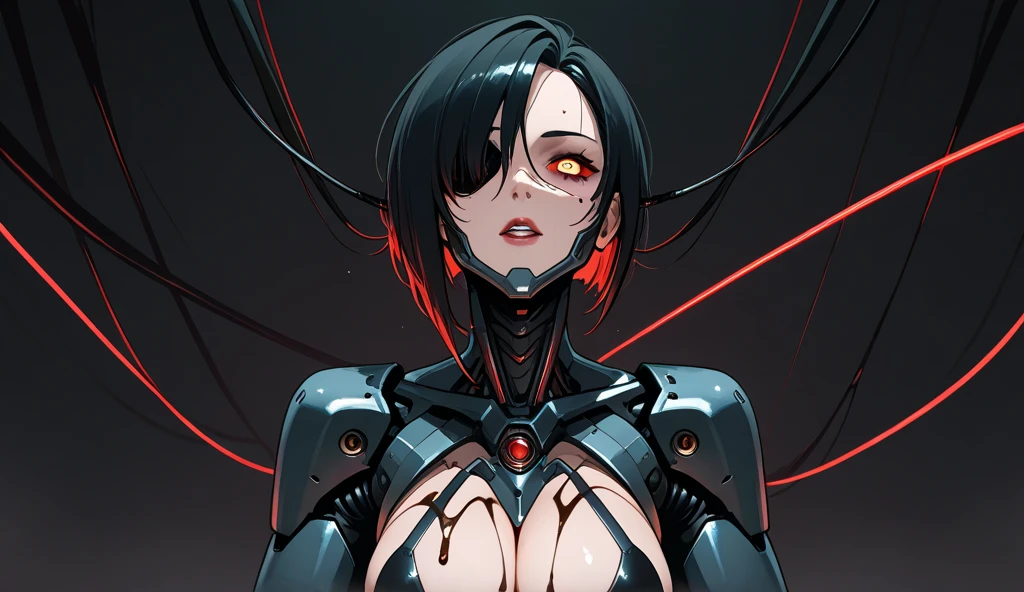 woman, cyborg, high ponytail, eletronics implants, perfect body, black hair, corruption, seductive smile, evil smile, finger on lips