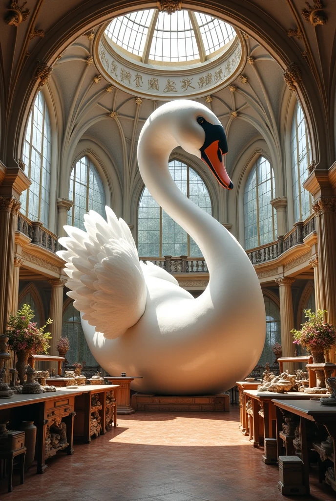 side view of a dramatic renaissance style white marble statue of a swan wearing golden ornaments