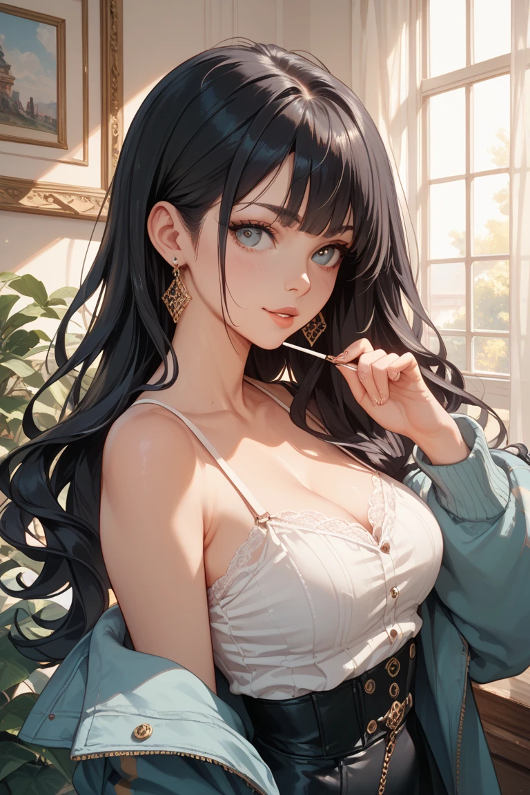 Big breasts, she is a Milf ((beautiful and cute 28 year old woman)), (((((long, straight and flowing natural black hair with bangs))))), double eyelids, green eyes, clear and detailed, hyper detailed, light effect on the eyes, detailed iris, sensual body, perfect waist, off-the-shoulder sweater, jeans, cleavage, ( (masterpiece, hyper realistic, hyper detailed, best quality, 16k, light and shadow on the skin, bright colors)), eyeliner, sensual expression, perfect lips, innocent and sexy face, ((skin with light and shadow), beautifully seductive and embarrassed woman, smile of happiness ((she is beautiful)), looking at the spectator, on the street