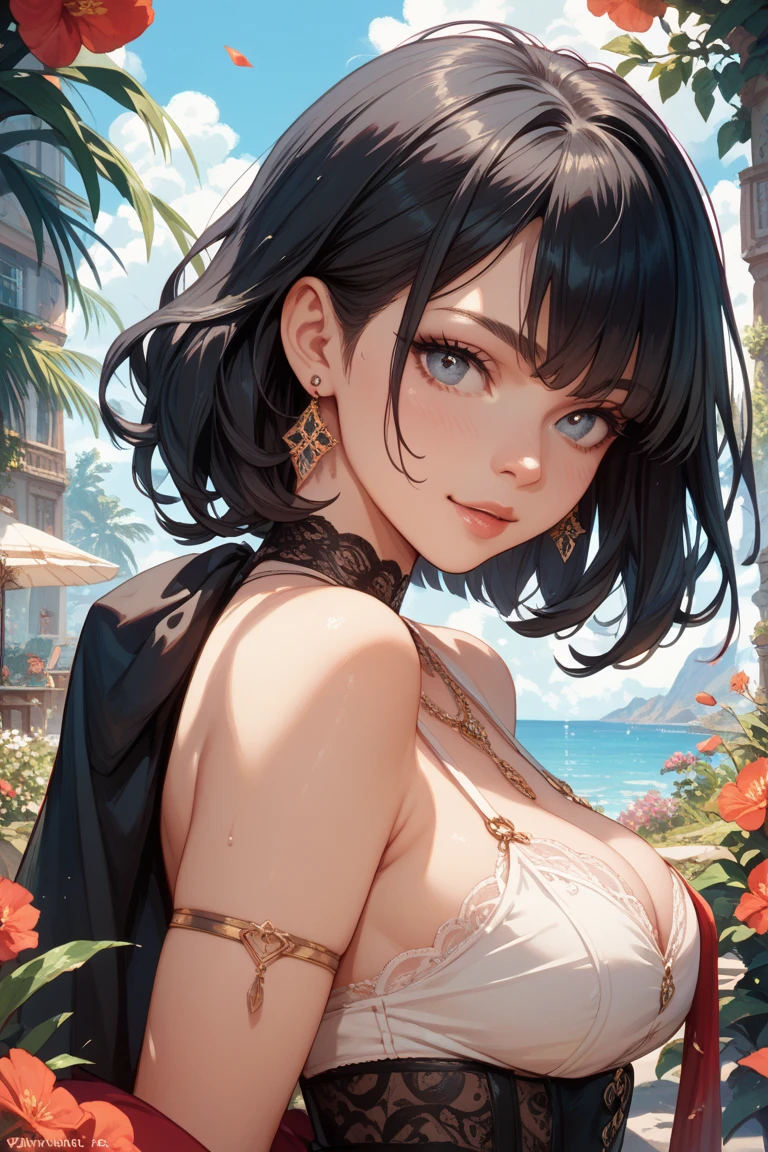 (score_9) A breathtaking masterpiece, this top-quality image showcases the artistic genius of the Extremely Detailed CG Unity 8K Wallpapers. With ultra-realistic 8KCG, every aspect of this artwork is flawless, from the perfect female figure to the dramatic shadows created by the spot light. The perfect lighting highlights the intricate details, such as the sharp face adorned with brown, waved hair. The model's sexypose beautifully accentuates her body type, with visible navel and large full breasts. Her cute face, gently smiling and adorned with asymmetrical bangs and beautiful eyelashes, adds to her charm. This image is a true work of art, depicting the beautiful chest line and exquisite facial features that define a truly stunning female face