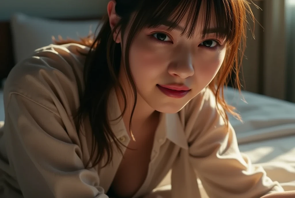 (8k, RAW photo, best quality, masterpiece: 1.2), (photorealistic 1.6), (masterpiece), (best quality: 1.0), (super high resolution: 1.0), detail, 40s, one, detail beautiful skin, detail room, ,realistic skin, middle breast, best quality, ultra high definition, cute, long hair, smile, swimsuit, on bed,