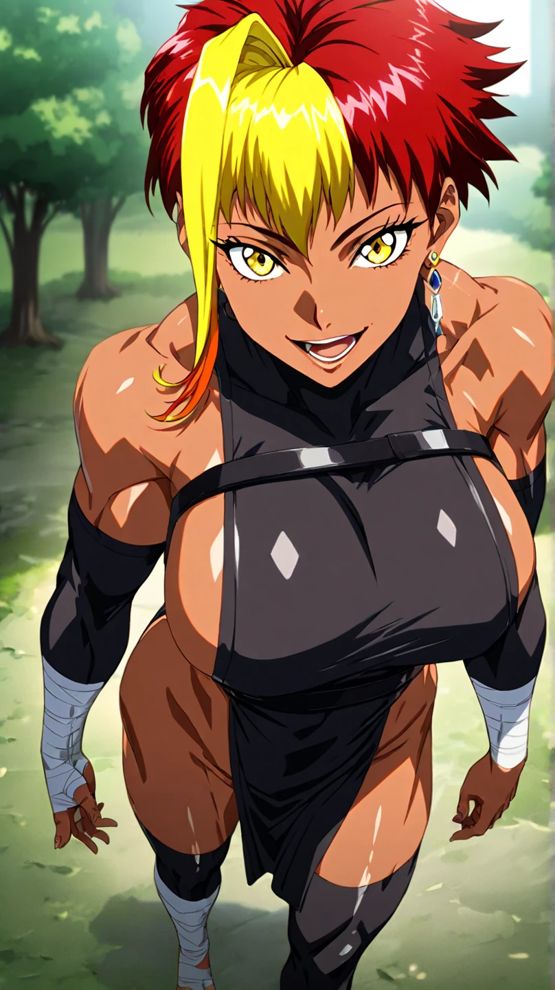 Marle Barrock, foto de corpo inteiro, flat feet, corpo reto, fighting position, 1mulher, sozinha, Estilo anime de Dragon Ball, sorriso louco, cabelos espetados, cabelo alto, Diamante gradiente amarelo da cor do cabelo, blonde hair, Estilo SSJ2, super saiyajin, super Sayajin 2, Estilo anime de Dragon Ball, alto detalhe, anime, detalhe todo o corpo, (master part:1.2, best quality:1.2, Beautiful, alta qualidade, Altas:1.1), circunstanciado, 4K extremamente detalhado, olhos perfeitos, rosto perfeito, perfect lighting, (1girl, sozinho, adult female, Mature female), Marle Barrock, msucular, Abs, boob lateral, (pelvis curtain:1.4), cowboy shot, sorriso louco, dentes afiados, seios grandes, (Talbard Preto:1.4), dark skinned female, bandaged arms, pernas enfaixadas, luvas de cotovelo, coxas, Tabard, espiar