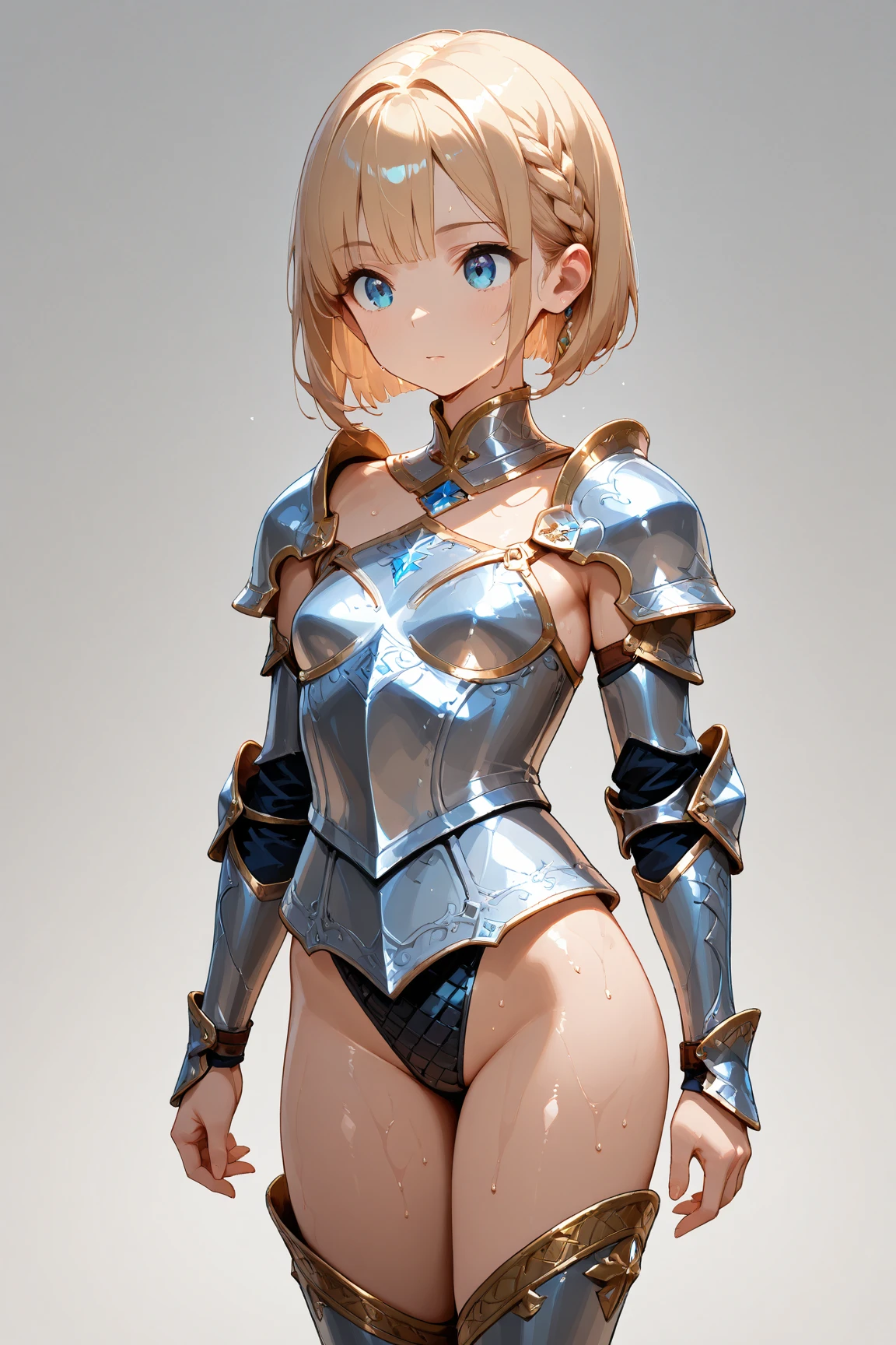 masterpiece, best quality, 1girl, femboy, (mature), solo, blush, flat chest, blue eyes, blonde hair, (bulge), short hair, knight armor, looking at viewer, curvy, wide hips, thick thighs, closeup,sketch, simple background