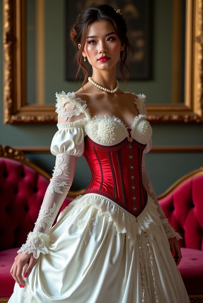 A seductive temptress with porcelain skin and blood-red lips, framed by the opulent trappings of a Victorian parlor. Inspired by Pre-Raphaelite art, her form is ethereal and romantic, with flowing locks and delicate features that evoke the beauty of a bygone era. realistic skin texture, smiling, large breast, standing in a flower garden behind n Victorian Palace, (full body:1.5)