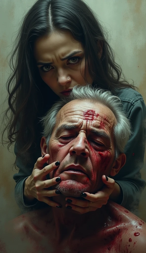 a old man serial killer, murdered wife, face covered in blood, oil painting, reddish tones, chiaroscuro lighting, dramatic moody atmosphere, cinematic composition, masterpiece, ultra-detailed, photorealistic, 8k, best quality