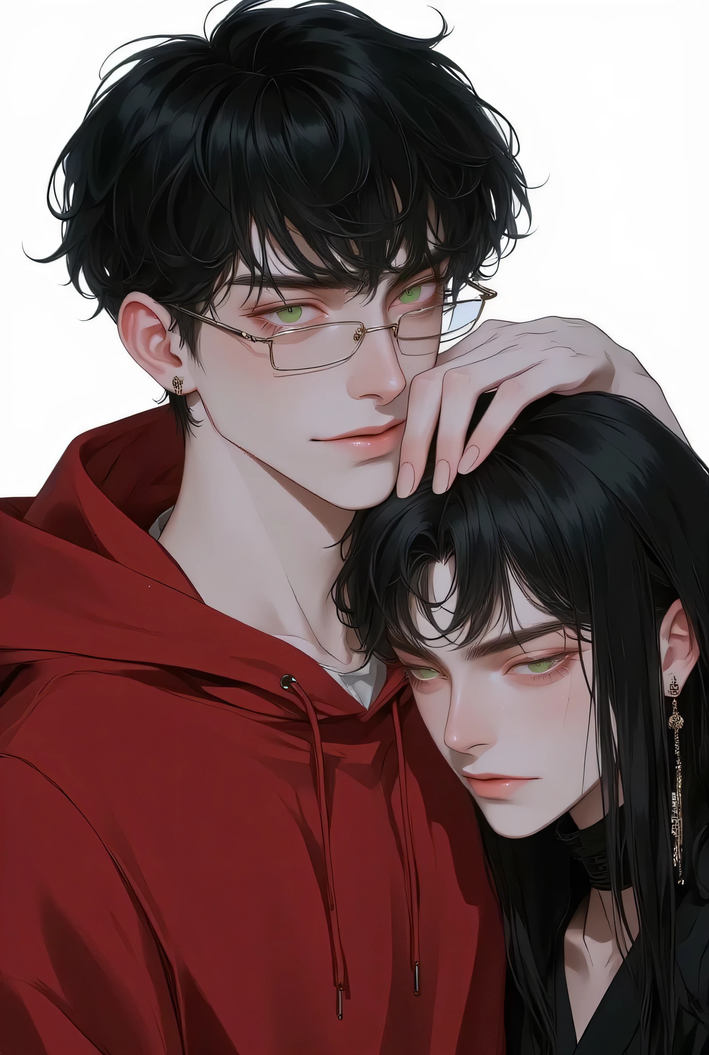 young man with rectangular glasses, black bowlcut hair with full micro bangs that don't reach their eyebrows, posing to the camera with a smirk, wearing a red hoodie and white shirt underneath, and a girl with long black hair and curtain bangs with their head resting on his shoulder and looking up at him.
