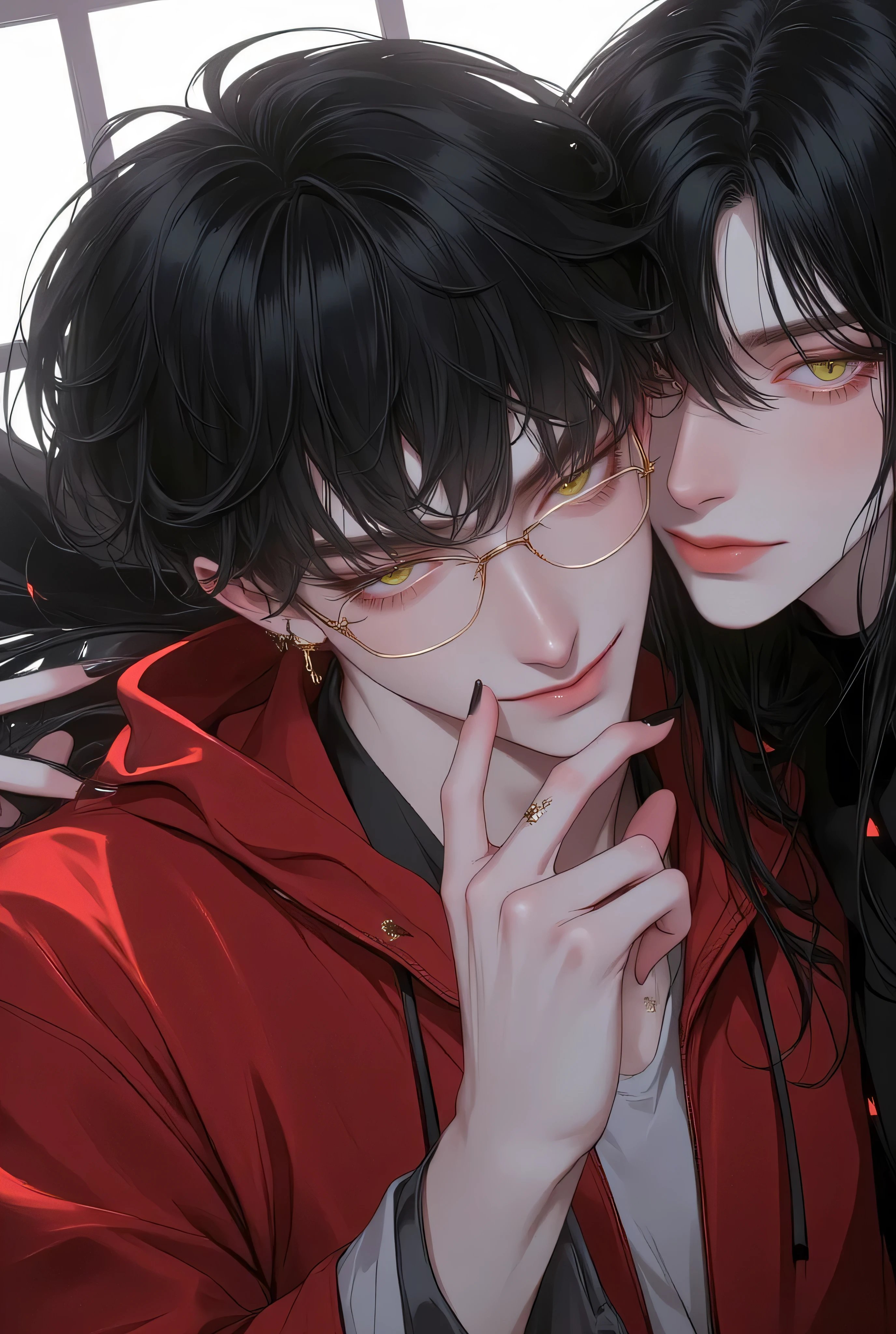 young man with rectangular glasses, black bowlcut hair with full micro bangs that don't reach their eyebrows, posing to the camera with a smirk, wearing a red hoodie and white shirt underneath, and a girl with long black hair and curtain bangs with their head resting on his shoulder and looking up at him.