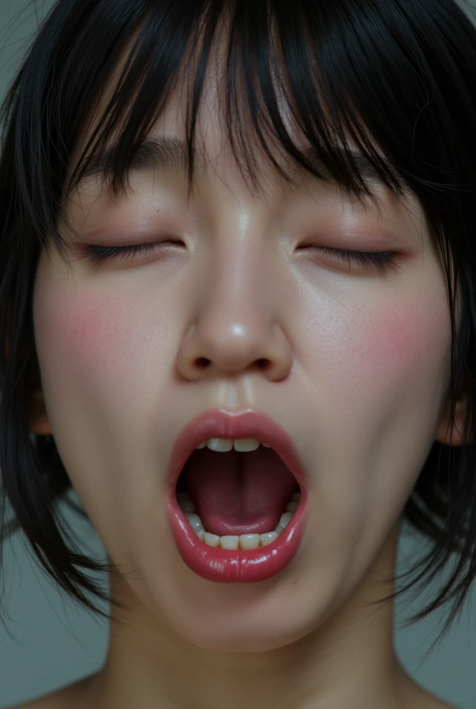 masterpiece、High resolution、Japanese、low length、(Close your eyes, open your mouth and stick out your tongue:1.3)、(Completely naked:1.5)、Sweaty、Young Face、Small breasts、、Young face、Looks like an elementary school kid、Lie face up on the bed