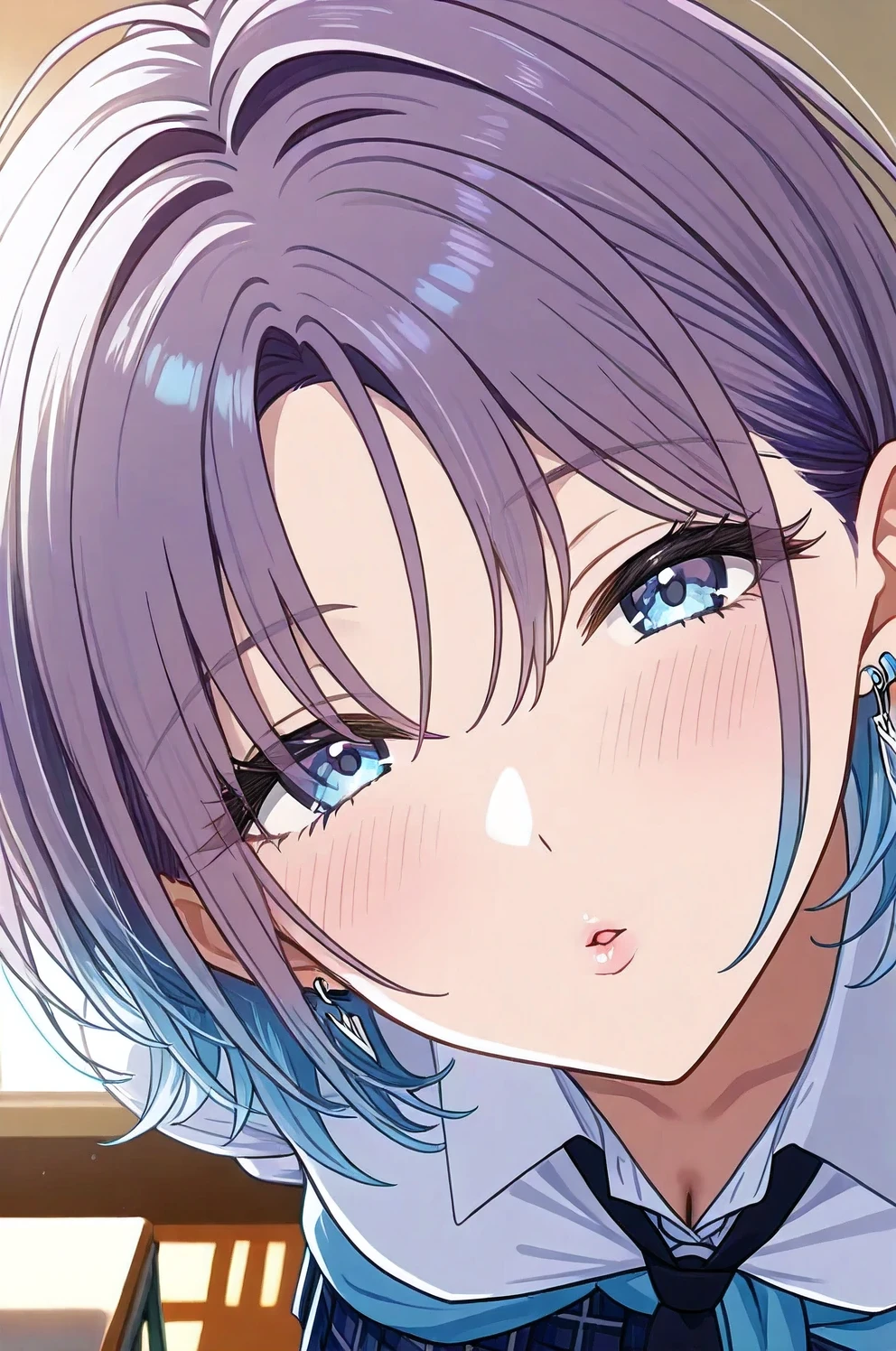 asakura_toru, blue hair,gradient hair, multicolored hair, parted bangs, purple hair, medium breasts,blue_skirt, blue_sweater,black_necktie, blue_eyes, blue_nails,absurdres,bracelet,collared_shirt,commentary,earrings,miniskirt, nail_polish, plaid_skirt, pleated_skirt,school_uniform,sweater_around_waist,white_shirt,1girl,Extreme close-up of a face with puckered lips ready to kiss, sunset classroom setting in the background, warm orange and pink light illuminating the skin, direct front-facing camera angle, focused on facial features, eyes slightly closed, soft expression, detailed skin texture, eyelashes visible,blurred classroom elements in far background,front face,kiss,Full face shot