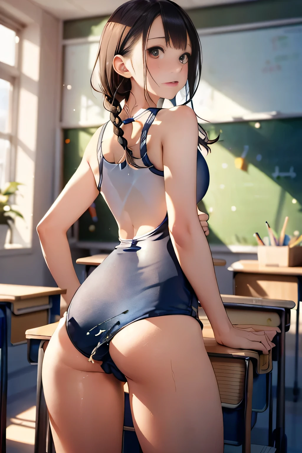 nsfw,Highest quality、In 8K、masterpiece、Hmph、超A high resolution、RAW Photos、(Photorealistic:1.3)、Natural soft light、(Depth of written boundary)、Slender、(whole body:1.2)、From behind、Detailed face and eyes、Realistic、Sharp pupils、Inside the warehouse、(Dynamic action poses)、Young face、Beautiful 17 year old girl、Glowing Skin、(Braid:1.2)、Beautiful black hair、Red Eye、(blush:0.7)、Embarrassed face、Sweat、(School Swimsuit:1.8)、(Thighs Thighs Thighs Thighs:0.8)、Hips、(Huge Breasts:1.7)、(((Angle from behind:1.4)))、Erect nipples:1.4、Small nose、Small Nose、((vagina、SEX:1.5、Strong man))、Attractive ass