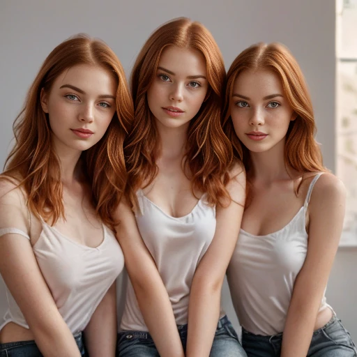 Redhead girls, extremely long hair, very skinny, very pale skin, full body, naked, standing together in an extremely crowded elevator, standing against each other