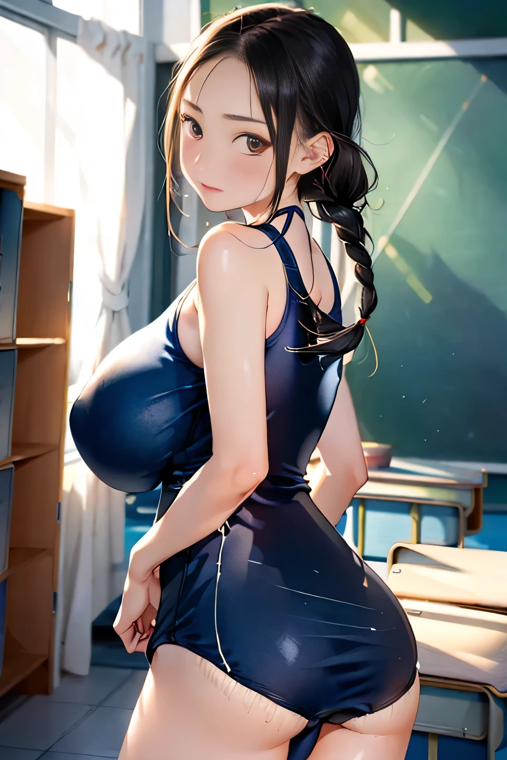 nsfw,Highest quality、In 8K、masterpiece、Hmph、超A high resolution、RAW Photos、(Photorealistic:1.3)、Natural soft light、(Depth of written boundary)、Slender、(whole body:1.2)、From behind、Detailed face and eyes、Realistic、Sharp pupils、Inside the warehouse、(Dynamic action poses)、Young face、Beautiful girl、Glowing Skin、(Braid:1.2)、Beautiful black hair、Red Eye、(blush:0.7)、Embarrassed face、Sweat、(School Swimsuit:1.8)、(Thighs Thighs Thighs Thighs:0.8)、Hips、(Huge Breasts:1.7gle from behind:1.4)))、Erect nipples:1.4、 nose、ose、((vagiSEX:1.5、Strong man))、Attraass、(Ovlowingx Fluids:1.1)