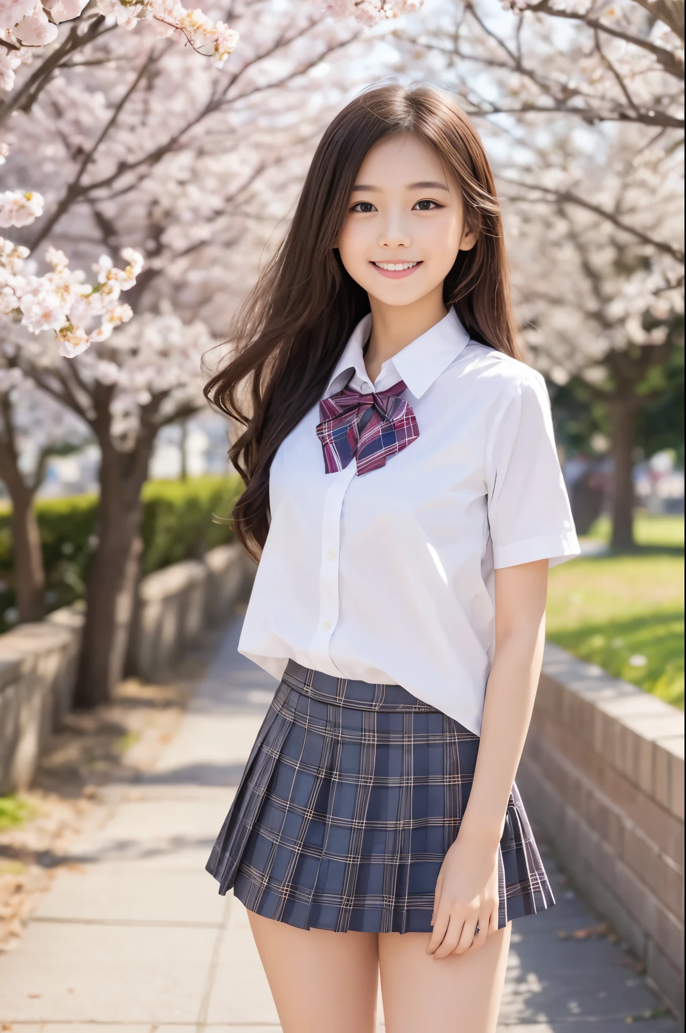 masterpiece,Best Quality,Super Detail,8K,full body,Walking along the riverside sidewalk,Lots of cherry blossom trees on both sides of the sidewalk,Cherry blossom petals dancing landscape photo,cute student girl,Black Hair Semi-long Hair,Beautifully flowing hair ,Girl with a cute, soft round face,perfect face,perfect body,detailed beautiful eyes,Ring on the ring finger of the left hand,medium ,beautiful breasts,erect nipples,petite body, smiling gently ,White sukesuke short sleeve blouse in student uniform,red bow tie,blue plaid very short pleated skirt,my skirt rolls up in the wind,Skirt Flip,Pink panties are visible,white socks,Black pump shoes