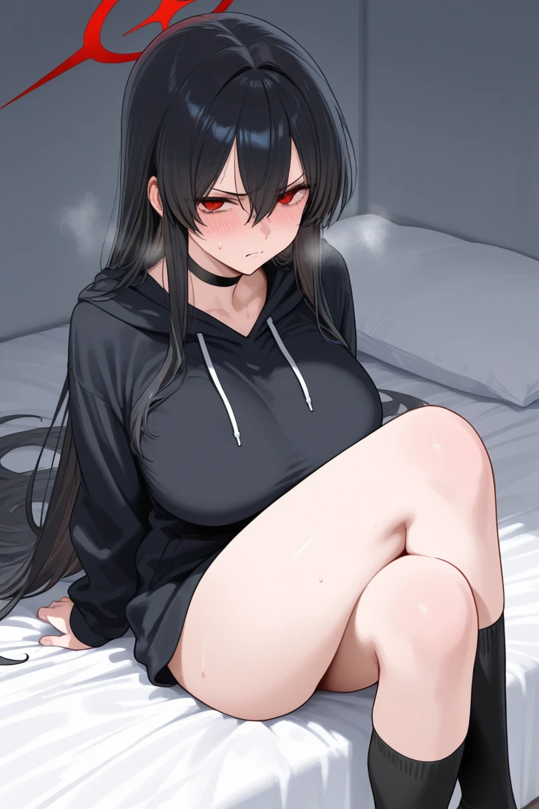 A girl with long black hair is sitting on the bed He is wearing a long coat over a plain black hoodie with a hood Red eyes She is wearing a black pleated skirt tall With bangs Beautiful face Thin legs Smooth, long, straight hair Long and narrow face With waistline A little bit of is visible Keeping your left hand in your pocket Anime Style hair longer than shoulders Crossing your legs