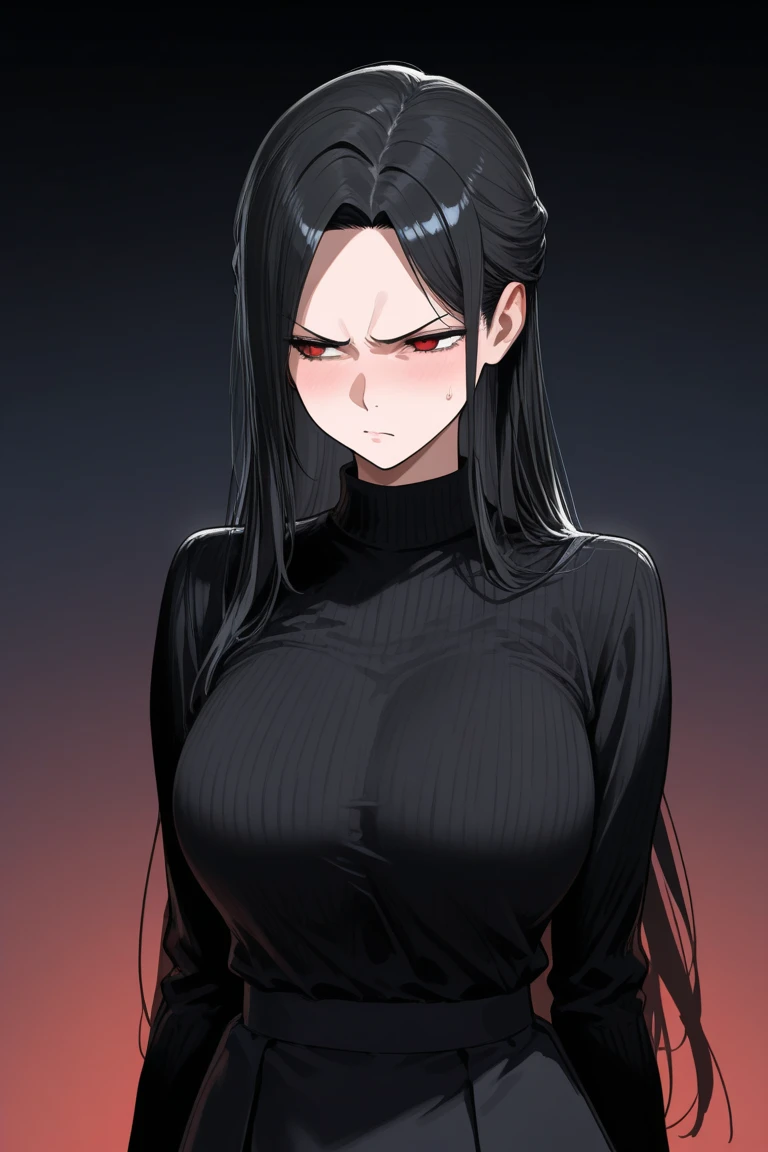 muscular black hair yellow eyes pale skin girl sad huge breasts g frown sweaty long straight hair long straight hair long straight hair long straight hair long straight hair