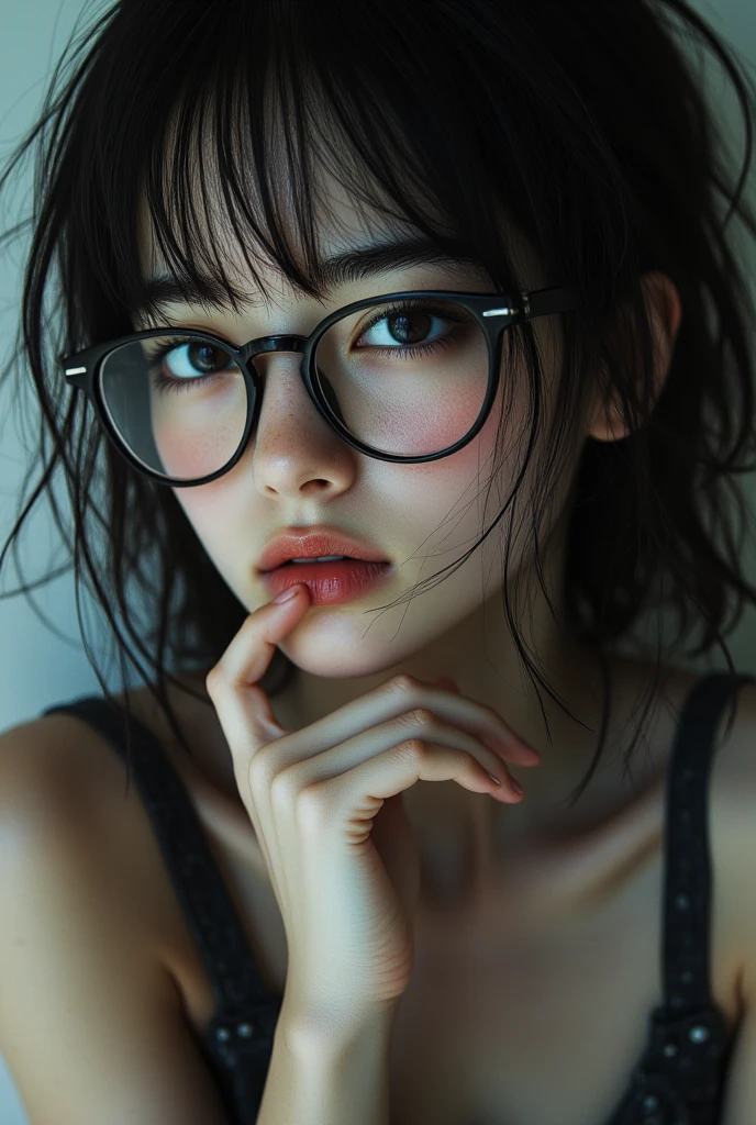 ((Best Quality、masterpiece、high sensitivity、high resolution、detailed description、Delicate Face Drawing、８Ｋ)),((Slender Woman、wearing glasses)),Crucified、drooling、