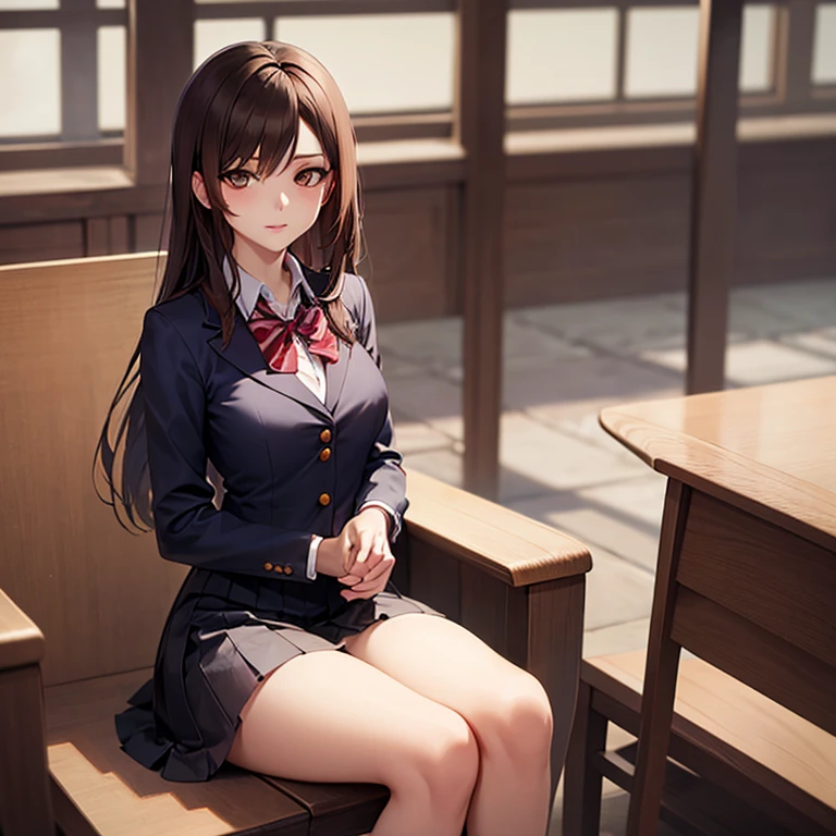 komiShouko, masterpiece, best quality, absurdres, 1girl, looking at viewer, v arms, pantyhose, classroom, school uniform, red skirt, red bow, blazer, window, sitting, chair, crowd,crossing legs,medium thighs.