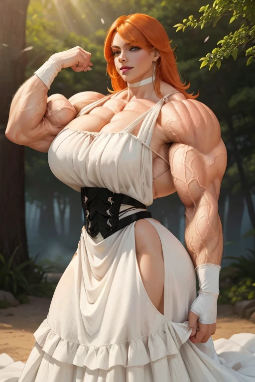 ((((Massive tall, beautiful, buff, bulky muscular, white skinned, Asian woman with ginormous muscles, and wearing a red Winter dress)))), (lipstick), eyeliner, massive muscle, massive biceps, hyper muscle triceps, ((long red hair with long bangs)), (yellow eyes) beautiful Winter dress, thigh high socks and boots, (in the snowy North Pole), nighttime, showing a sexy smile, (((hyper muscles arms))), hyper muscle leg, (((buff arms)))
