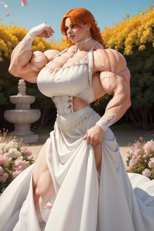 A beautiful, buff, bloody, pale white skinned muscular bride in a beautiful bloody slightly torn wedding dress, (violet purple hair), black eyes, black lipstick, large breast, (ginormous bulky muscles), (blood stained body), ((wearing a bloody wedding dress)), (close view), long hair with long bangs, ((massive muscles)), ((hyper muscles)), covered in blood, (carrying a zweihander sword), in a destroyed church, massive muscles