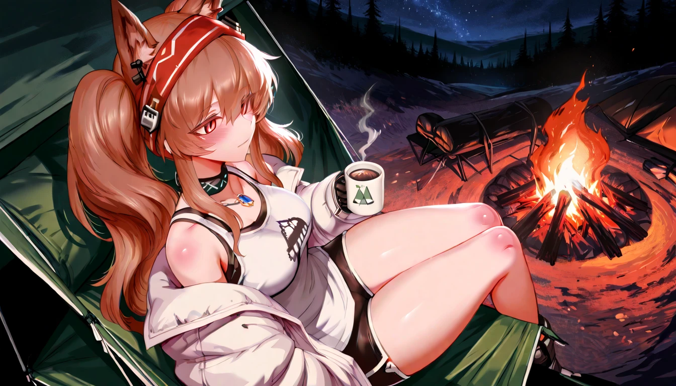 A beautiful Japanese girl, around 18 years old, wearing large headphones and a white dress, is camping. She is sitting by a campfire, with a tent and nature in the background. The scene is set during sunset, with a red-tinted sky.