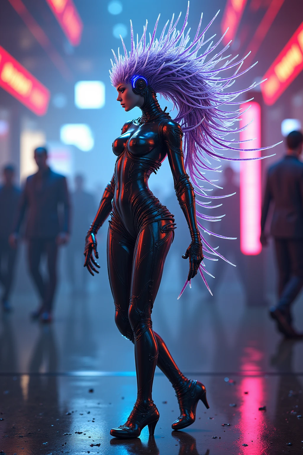 (best quality,4k,highres,masterpiece:1.2),ultra-detailed,(realistic:1.37),tall and strong woman with a perfect face,
bulging muscles all over her body,giant messy cornrows falling to the ground,extra thick and long legs of unbelievable exaggerated proportions, huge hourglass figure with an enormous and exaggeratedly toned posterior,a full-body mechanical adornment,with intricate and perfect details, capturing her entire body from head to toe.