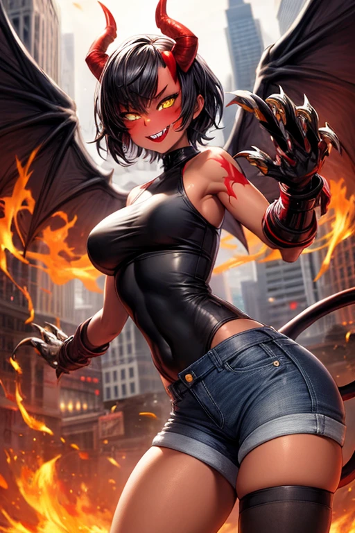 a woman in jujutsu kaisen artstyle with short black wavy hair and hazel eyes and a wild grin, riding on a big scary black dragon over a city. Her arms a coverd in tattoos.