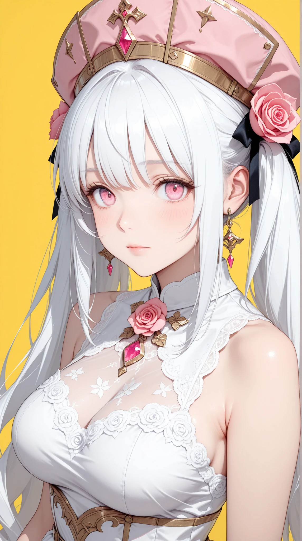 Artwork, masterpiece, extremely detailed 8k CG unit wallpaper, vibrant incredible colors, of a beautiful girl with white hair, red eyes, wearing a simple sensual blouse, almost transparent, her gaze focused on the viewer, background of scenery of a beautiful room, a calm, soft, simple light on the face of the beautiful girl.