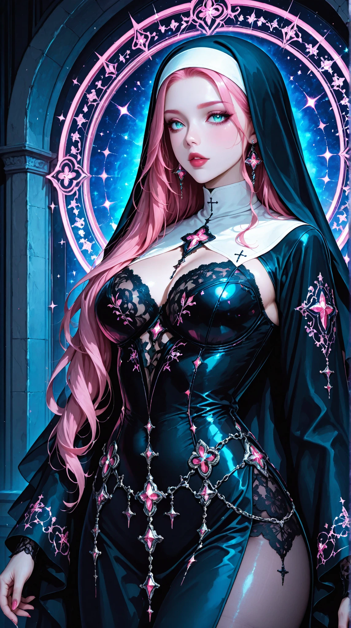 A captivating digital painting of a gothic, ethereal woman, styled as a nun with flowing, vibrant pink hair, dark, detailed lace bodice and long sleeves, and a dramatic black cloak.  The image is rich with shimmering pink accents, sparkling gems, and a dark, moody color palette, featuring intricate details and a signature artistic style, with subtle text overlaid. ultra-detailed, intricate details,masterpiece, best quality, amazing quality, hyper-detailed, newest, very aesthetic, c4stl3v4ni4